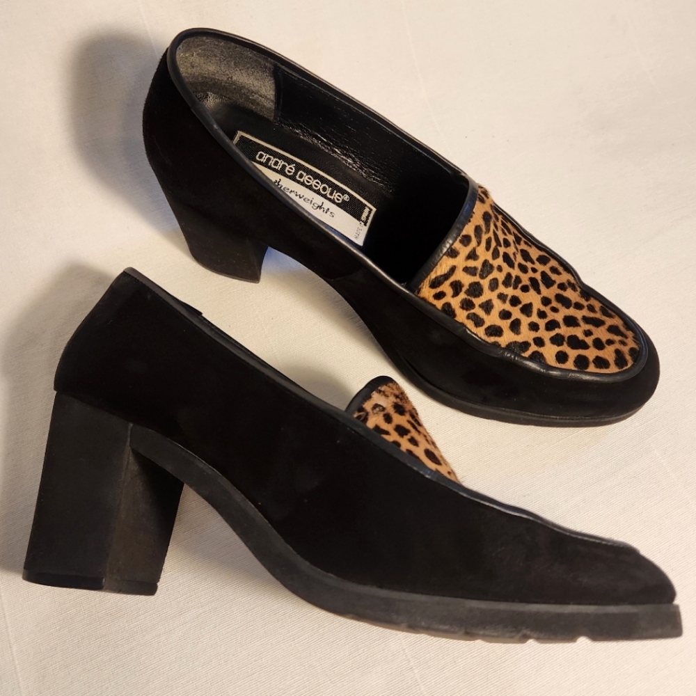Andre Assous Featherweights Animal Print Black Heeled Loafers Size 7